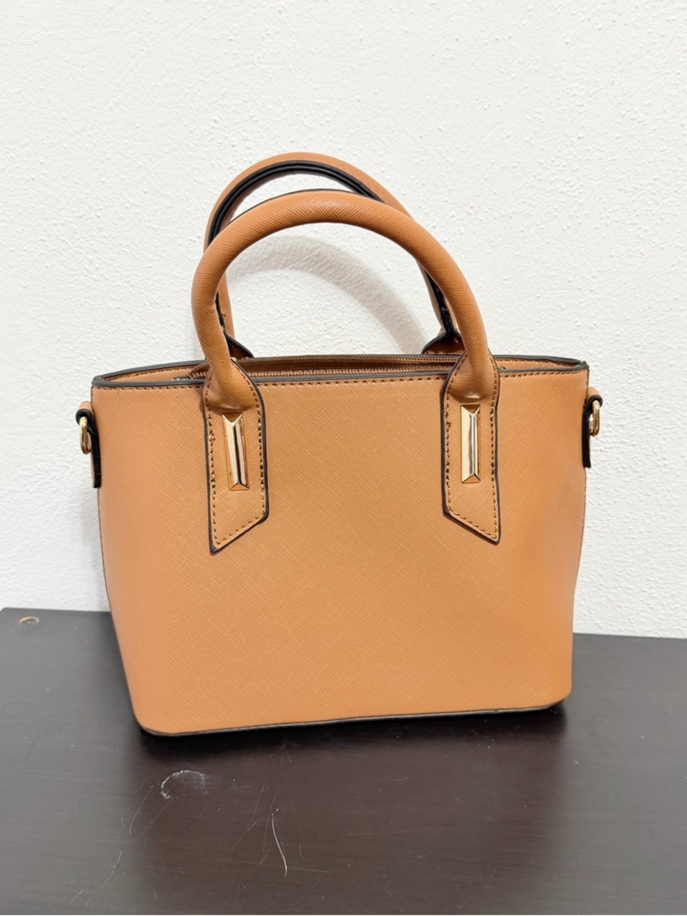 Structured Tan Satchel Handbag with Top Handles